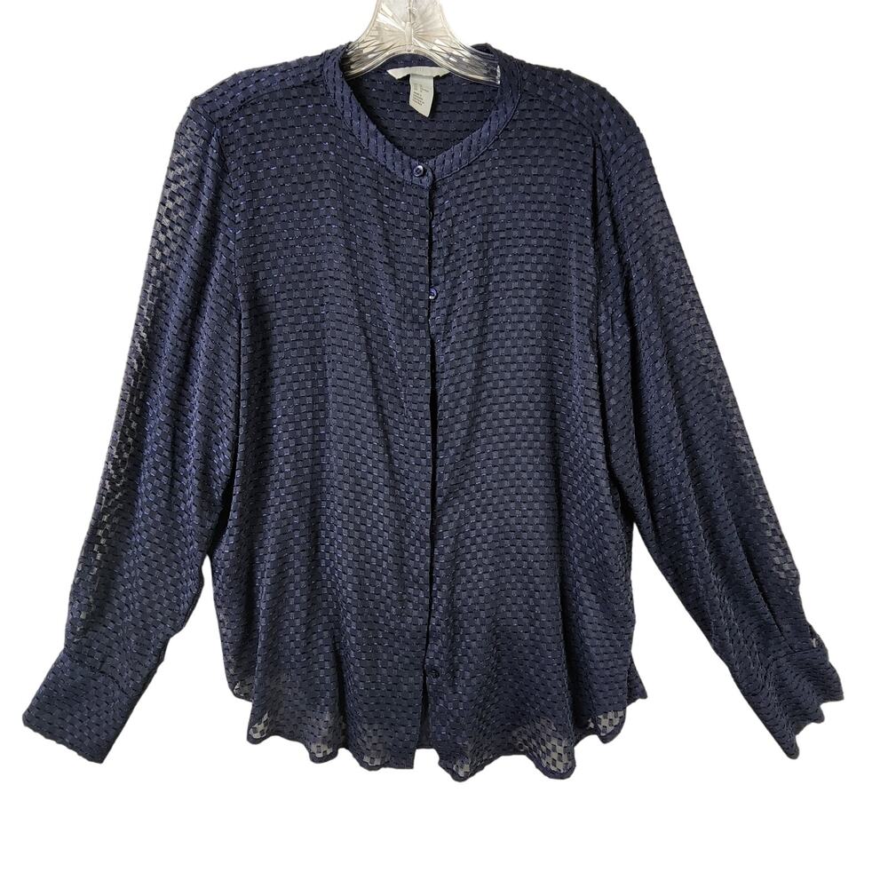 H&M Textured Knit Blouse Cardigan Women Size 12 Navy Button Front Long Sleeve